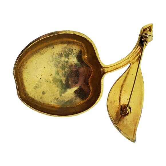 Vintage Estate Pink Enamel Damascene Cherry Brooch Gold Tone 2 1/8" Fruit Pin - Picture 8 of 9